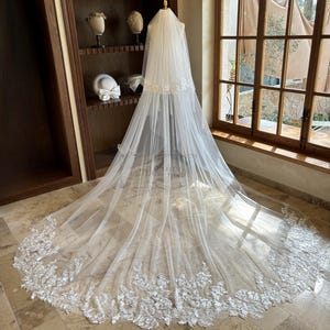 Elegant Blusher Wedding Veil, Sequined Floral Lace Veil, Long Cathedral Veil, Lace Chapel Veil, Vintage Flower Bridal Veil, Lace Veil
