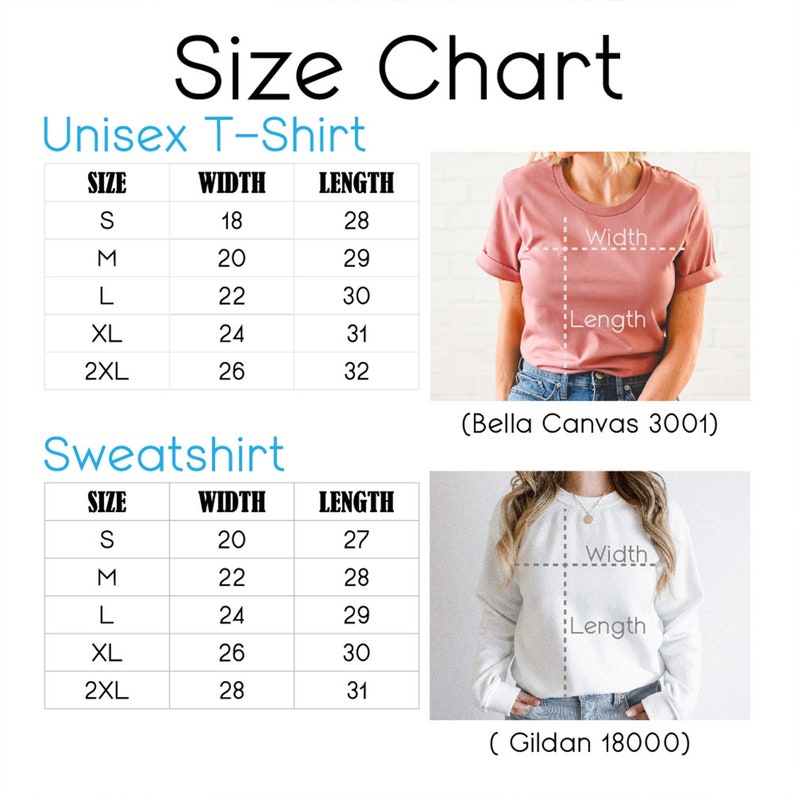 May include: Size chart for unisex t-shirts and sweatshirts. The chart shows the width and length measurements in inches for sizes S, M, L, XL, and 2XL. The chart also includes the brand names Bella Canvas 3001 and Gildan 18000.