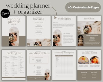 Planificador de bodas de más de 60 páginas, plantilla imprimible de Canva, plantilla digital completa, imprimible, editable, descarga digital, organizador de bodas.