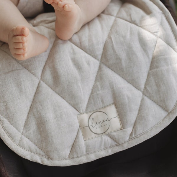 French Linen reversible Gingham natural  Pram Liner - Universal Soft Stroller French Blanket Baby Seat Cushion | Perfect Baby Gift new Mum
