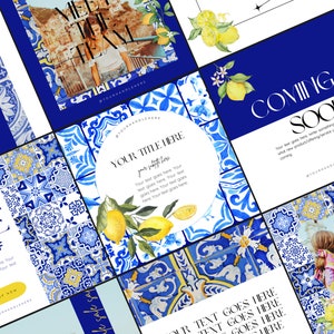 Mediterranean Instagram Template: Blue & Yellow Canva Posts, Stories, Covers
