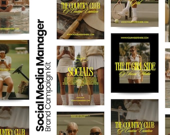 May include: A collection of promotional materials for social media, featuring a tennis theme. The images include text such as "Social Media Manager" and "The Country Club". The color palette is neutral with pops of yellow.