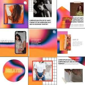 May include: A collage of images with a gradient aesthetic. The images feature a woman with long brown hair, a phone screen with a giveaway announcement, a circle with the word "BREATHE" in yellow text, and text that says "Lorem ipsum dolor sit amet, consectetur adipiscing elit, sed do eiusmod tempor".