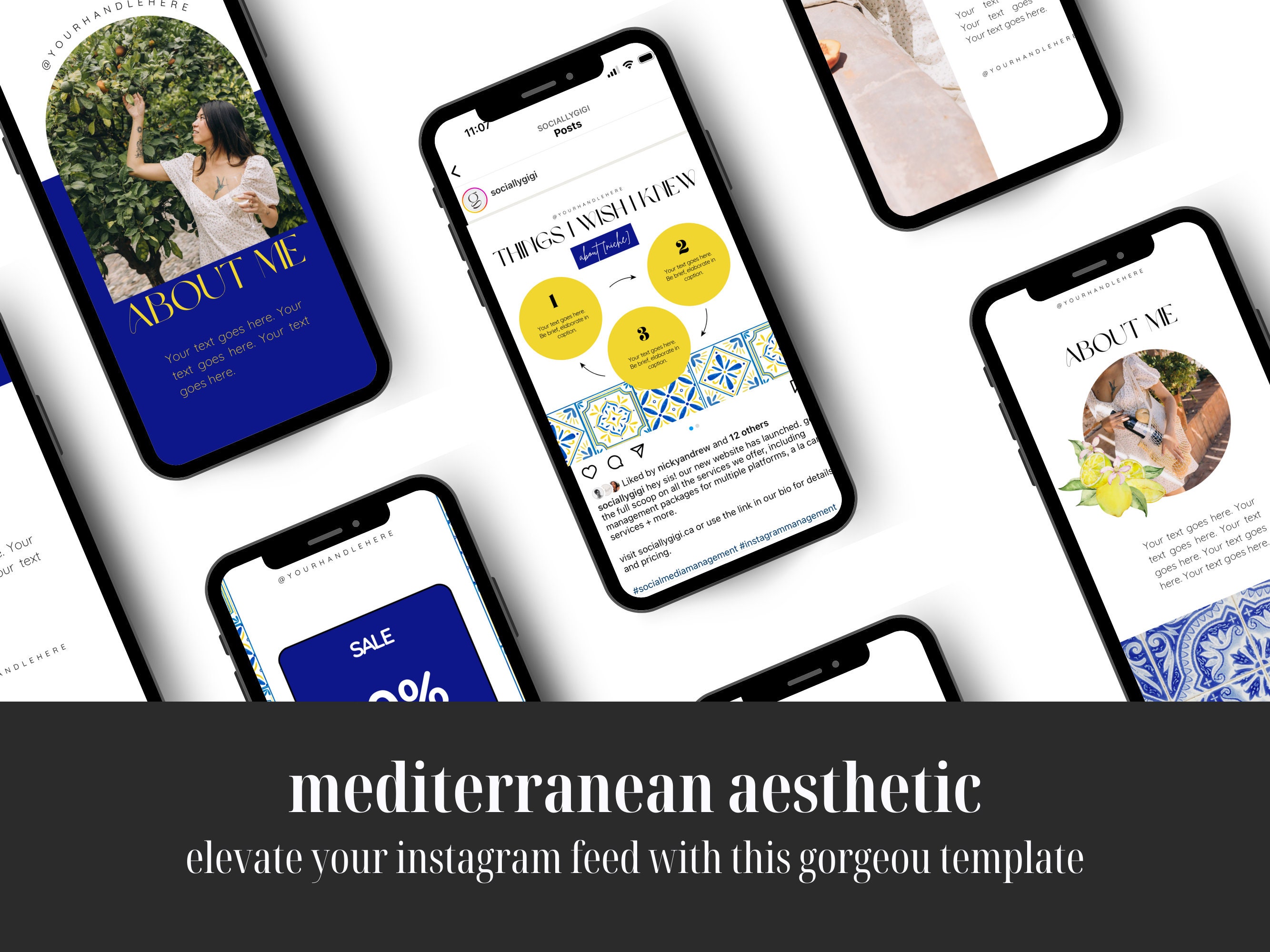 Mediterranean Aesthetic Instagram Canva Template Blue and Yellow ...