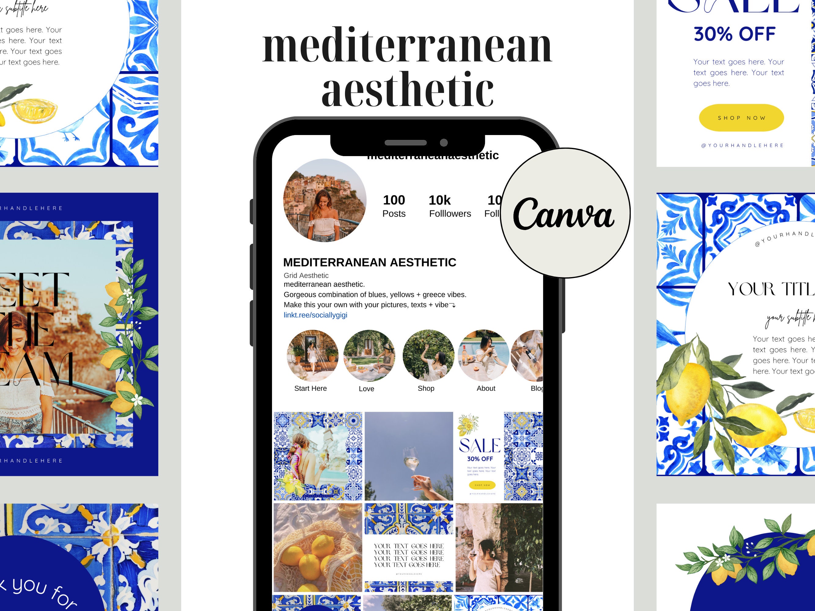 Mediterranean Aesthetic Instagram Canva Template Blue and Yellow ...