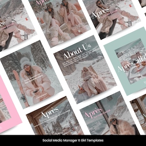 May include: A collection of social media templates with a winter theme. The templates feature images of people in winter attire, with text overlays including "Après" and "About Us." The color palette is soft, with pink and white tones.