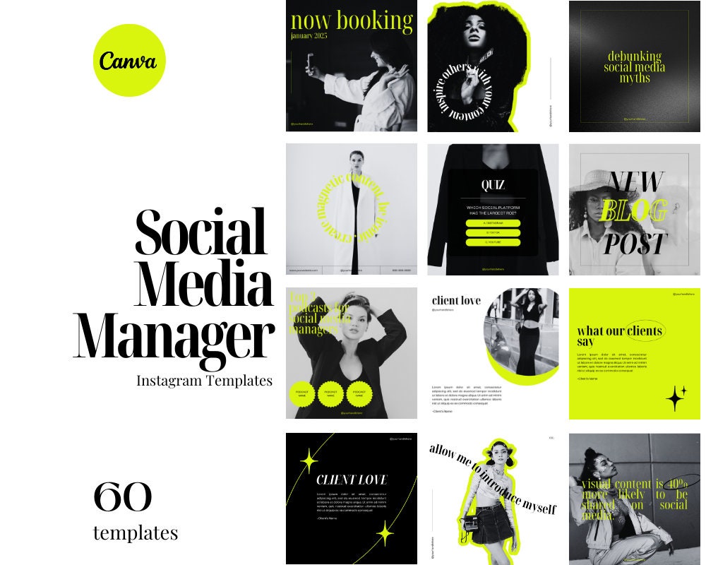 Canva Instagram Template for Social Media Managers | Minimal and Bold Branding | Social Media Templates | IG Templates | Neon Template