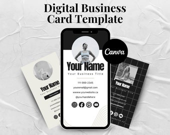 May include: Three digital business card templates with a black and white color scheme. The cards feature a photo of a woman in a sports bra and leggings. The text on the cards includes the words "Your Name", "Your Business Title", and contact information. The cards are designed to be used on social media.