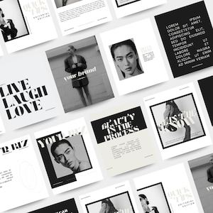 Può includere: Una collezione di modelli per social media in bianco e nero con vari layout e tipografia audace, incluse frasi come Live Laugh Love, Beauty in the Process e Your Brand, insieme a fotografie di ritratti segnaposto e testo Lorem Ipsum.