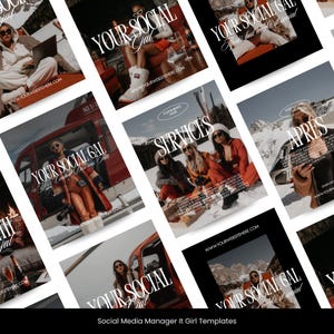 May include: A collection of social media templates with the text "YOUR SOCIAL GAL" in a stylish font. The templates feature images of women in various settings, including a helicopter and snowy mountains. The website address is visible on some templates.