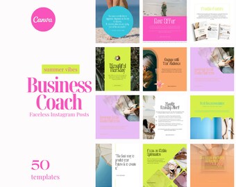 May include: A collection of 50 colourful Instagram post templates for business coaches. The templates feature summery themes and motivational quotes. The text "summer vibes Business Coach Faceless Instagram Posts 50 templates" is displayed on the image.