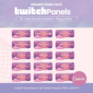 Twitch Panels for Streamers – 30 Dreamy Dreamy Stream Overlay Panels | Pastel Twitch Overlay Pack | Dark Twitch Panel Set | Canva Editable