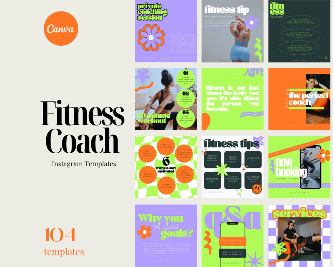 Fitness Coach Instagram Templates: Canva Social Media Posts (104 Total ...