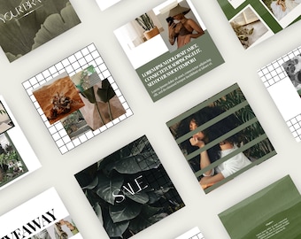 Earthy Green Instagram Post Templates: Canva Social Media (70 Posts, 20 Reels)
