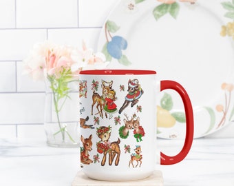 Vintage Christmas Deer  Red Accent Mug Deluxe 15oz. (Red + White)