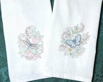 Butterfly and Dragonfly Garden Machine Embroidered Flour Sack Tea Kitchen Towels by Groversgarden