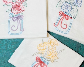Blooming Mason Jar Machine Embroidered Flour Sack Tea Kitchen Towels by Groversgarden