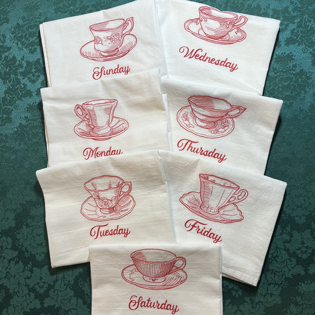 Days of the Week Teacups Machine Embroidered Flour Sack Tea Kitchen