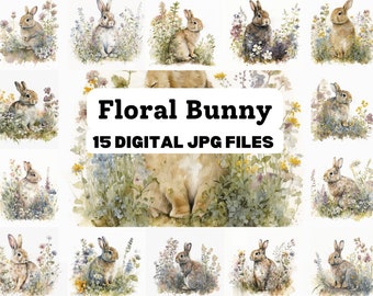 Floral Bunnies Clipart, 15 JPGs, Floral Bunny Illustration Clipart, Clipart, Digital Paper Craft, POD, Crafting Bundle, Bunny Digital Art