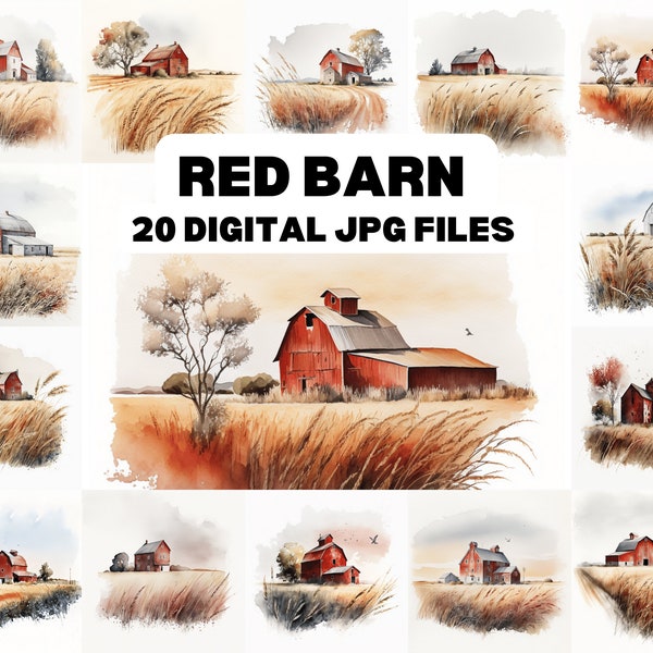 Red Barn Clipart, 20 JPGs, Illustration Clipart, Junk Journal, Digital Paper Craft, Crafting Bundle, Farmhouse Digital Download