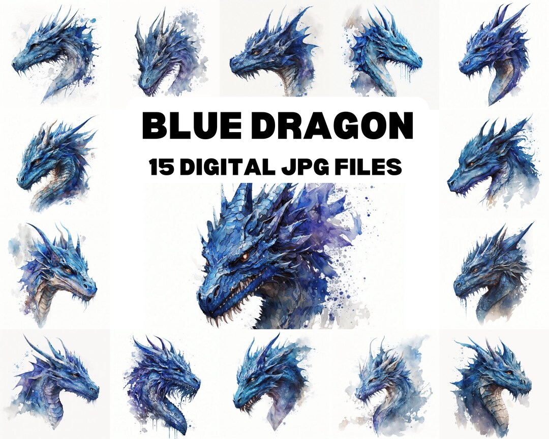 Blue Dragon Clipart, 15 Jpgs, Watercolor Clipart, Junk Journal, Digital ...