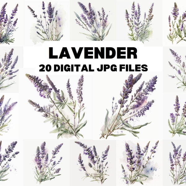 Lavender Clipart, 20 JPGs, Watercolor Clipart, Junk Journal, Digital Paper Craft, Crafting Bundle, Lavender Print Instant Download