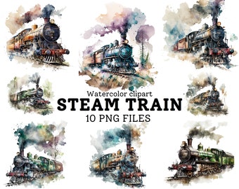 Steam Train Clipart #1 - 10 Transparent Pngs, Sublimation Bundle, Digital Paper Craft, Crafting Bundle, Steam Train Watercolor Download