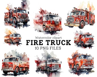 Fire Truck Clipart #1 - 10 Transparent Pngs, Sublimation Bundle, Digital Paper Craft, Crafting Bundle, Fire Truck Watercolor Download