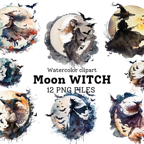 Moon Witch Clipart, 12 Transparent Pngs, Sublimation Bundle, Witch Clipart Watercolour Digitial Download Prints Commercial Use