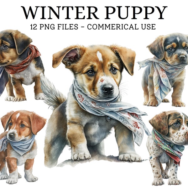 Winter Puppy Clipart - 12 Transparent Pngs, Sublimation Bundle, Digital Paper Craft, Crafting Bundle, Winter Puppies Watercolor Download