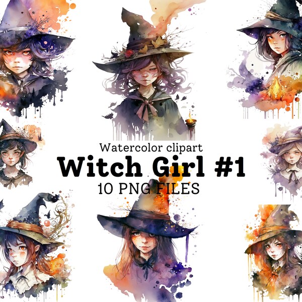 Witch Girl Clipart #1 - 12 Transparent Pngs, Sublimation Bundle, 12 Witch Clipart Watercolour Digitial Download Prints Commercial Use