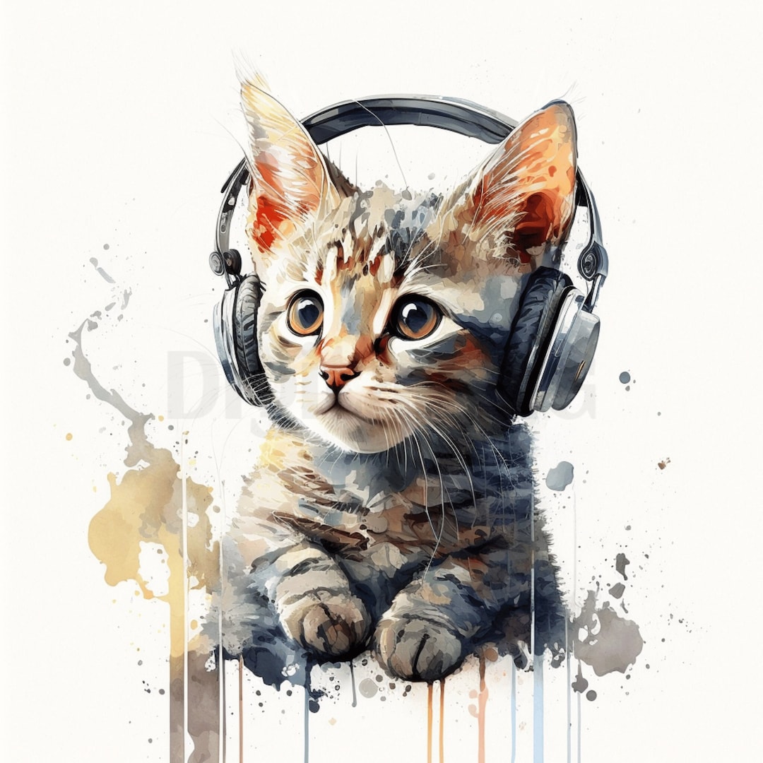 Cute Cat Clipart Headphones Clipart Cat Headphones Bundle PNG Funny Cat ...