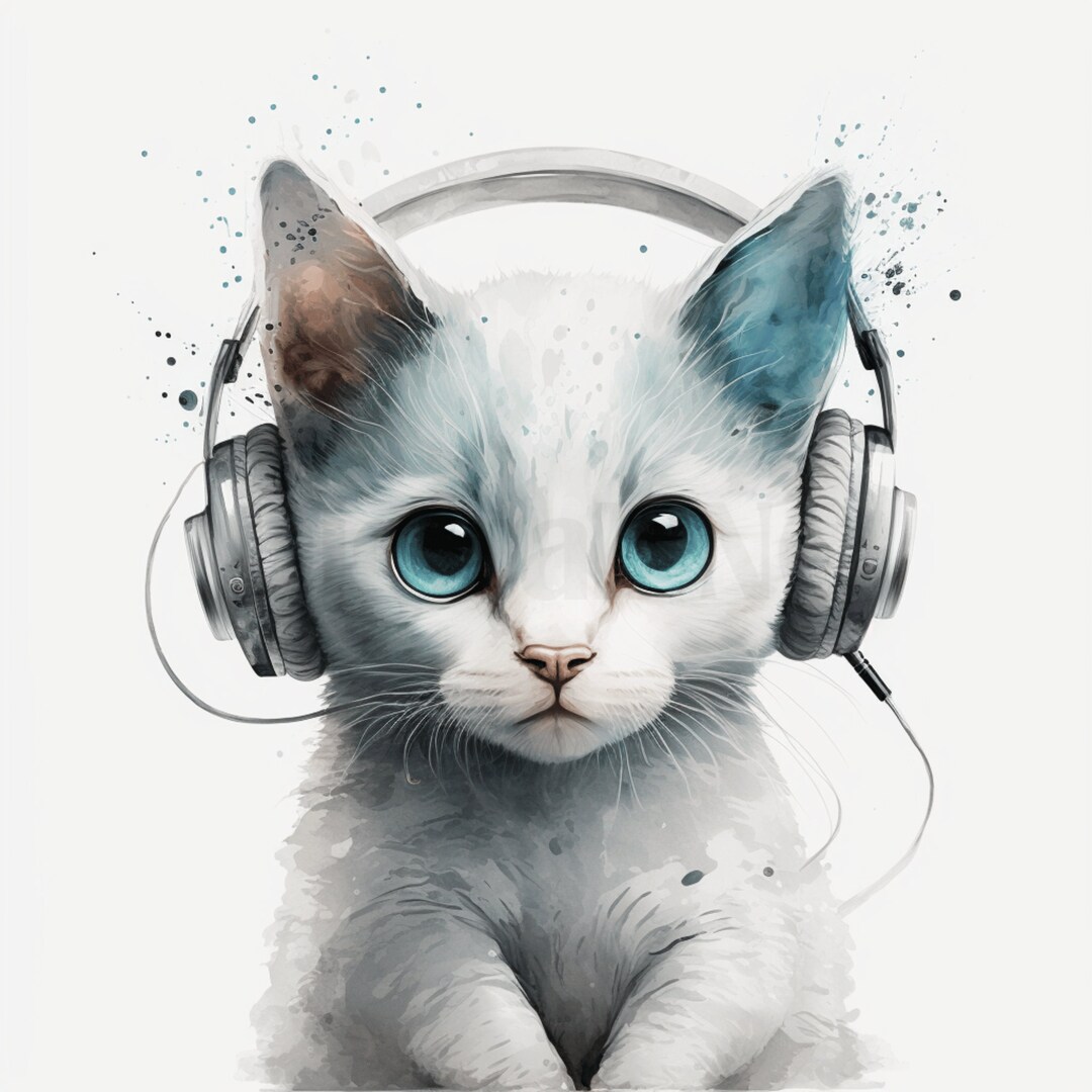 Cute Cat Clipart Headphones Clipart Cat Headphones Bundle PNG Funny Cat Clipart Adorable Cat