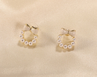White Pearl Earrings, Small Bow Earrings, 925 Silver Needle Earrings, Gift For Exquisite Earrings, Gifts For Her, Surprise Gifts