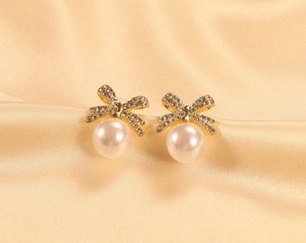 Exquisite Rhinestone Bow Pearl Earrings, Enchanting Wedding Bridal Studs, Gift For Her, Earring For Women
