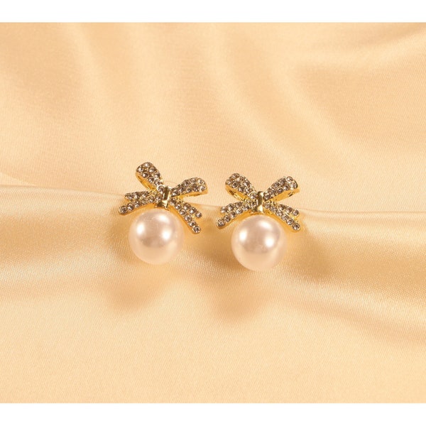 Rhinestone Bow Pearl Earrings,Sweet Girl Elegant Women Studs,Wedding Bridal Earrings