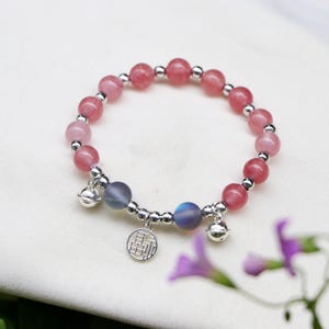 Strawberry Crystal Bead Bracelet Silver Bell Blessing Charm Bracelet for Girls | Vacation Style Bracelet