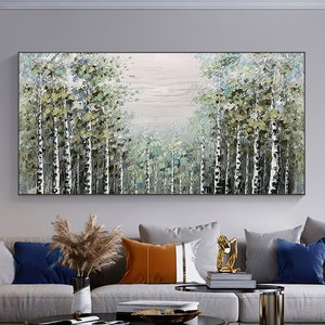 Original Forest Oil Painting On Canvas, Extra Large Wall Art, Abstract Green Birch Tree Painting, Custom Painting, Living room Wall Decor