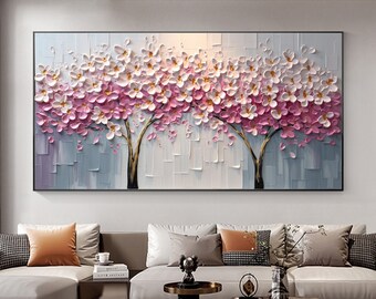 Abstraktes Kirschblüten Ölgemälde auf Leinwand, Original rosa Blumen Gemälde, Wohnzimmer Wohnkultur, große benutzerdefinierte strukturierte Wand Kunst Dekor