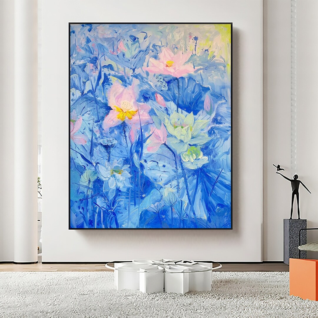 Blooming Lotus Oil Painting on Canvas, Original Flower Wall Decor ...