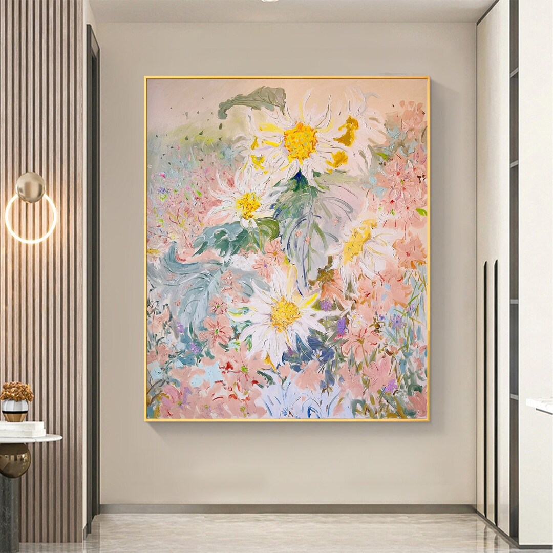Abstract Flower Oil Painting on Canvas, Large Wall Art, Original White ...