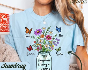 Gepersonaliseerde Gramma Shirt, Gramma Flower Comfort Colors Shirt, Sweatshirt, Happiness is Being a Gramma Shirt LS0848-5