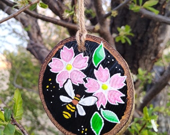 Wood Slice Ornament, Hand Painted Decoration