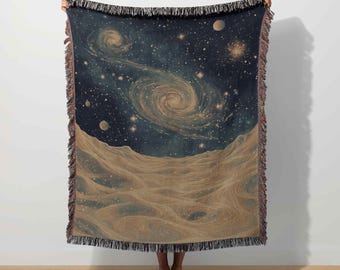 Galaxy Woven Blanket Psychedelic Throw Cosmic Sky Tapestry Surreal Starry Night Trippy Visionary Art Space Home Decor Dreamy Astronomy Moon