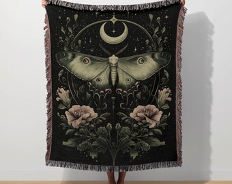 Moth Woven Blanket Luna Moth Witchy Butterfly Moon Gothic Tapestry Whimsigoth Throw Academia Mystical Goblincore Floral Blanket Cottagecore