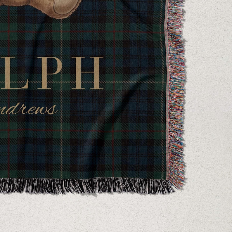 a close-up view of a plaid blanket with fringed edges, and a small image of a teddy bear on it.
