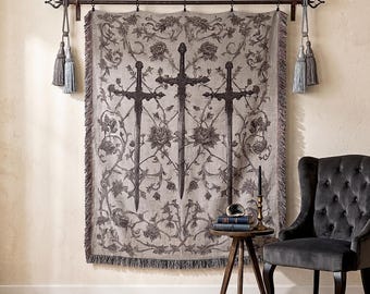 Medieval Sword Tapestry, Gothic Wall Hanging, Floral Swords Woven Blanket, Renaissance Throw Antique Decor Fantasy Knight, Vintage Regal Art