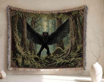Mothman Tapestry, Cryptid Woven Blanket, Cryptidcore Throw, Weirdcore Decor, Mythical Creature, Spooky Halloween