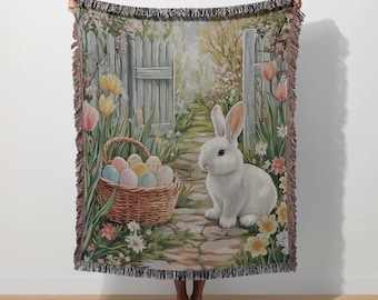Rabbit Woven Blanket Spring Bunny Throw Cottagecore Tapestry Easter Bunny Woodland Blanket Farmhouse Botanical Garden Nature Whimsical Decor