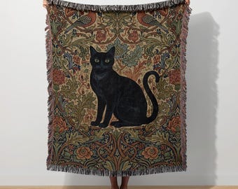 William Morris Black Cat Woven Blanket, Botanical Floral Wall Tapestry, Art Nouveau Throw, Dark Academia Decor, Moody Witchy Cat Lover Gift